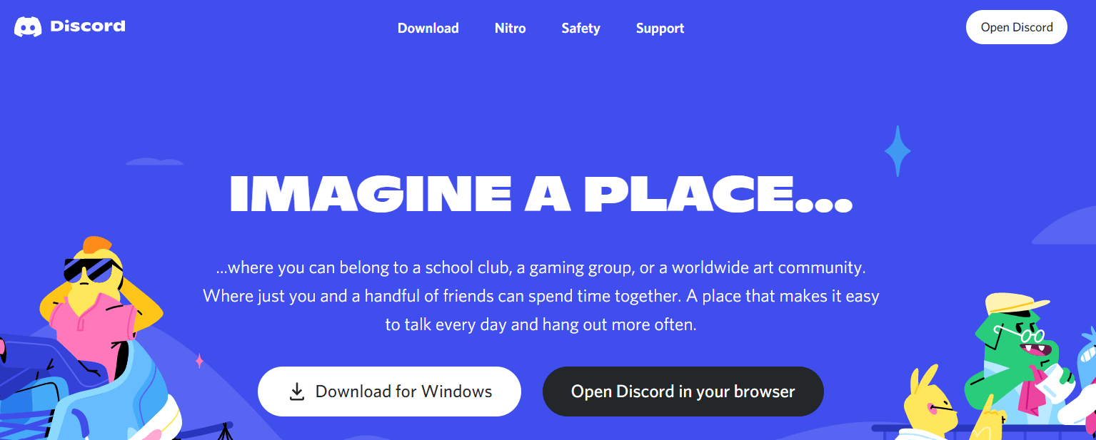 A Discord homepage website displaying the “Imagine a place…” tagline