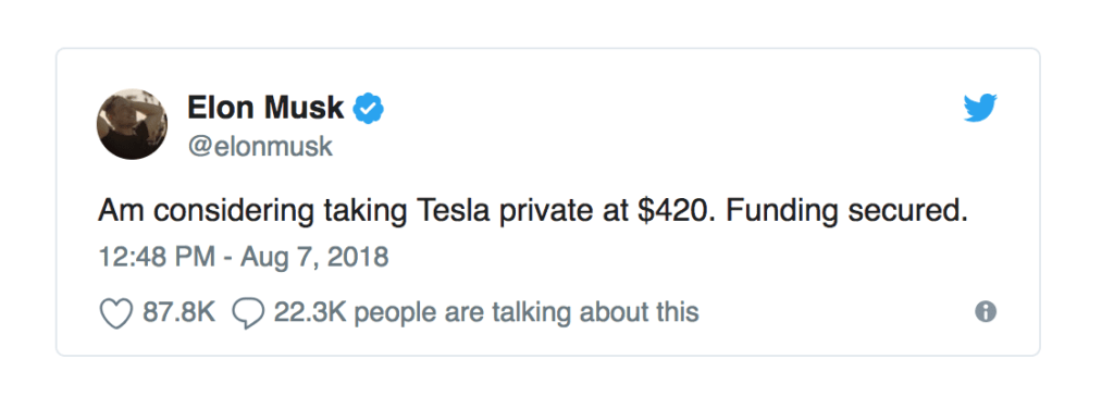 Elon Musk Tweets about consider taking Tesla private at $420