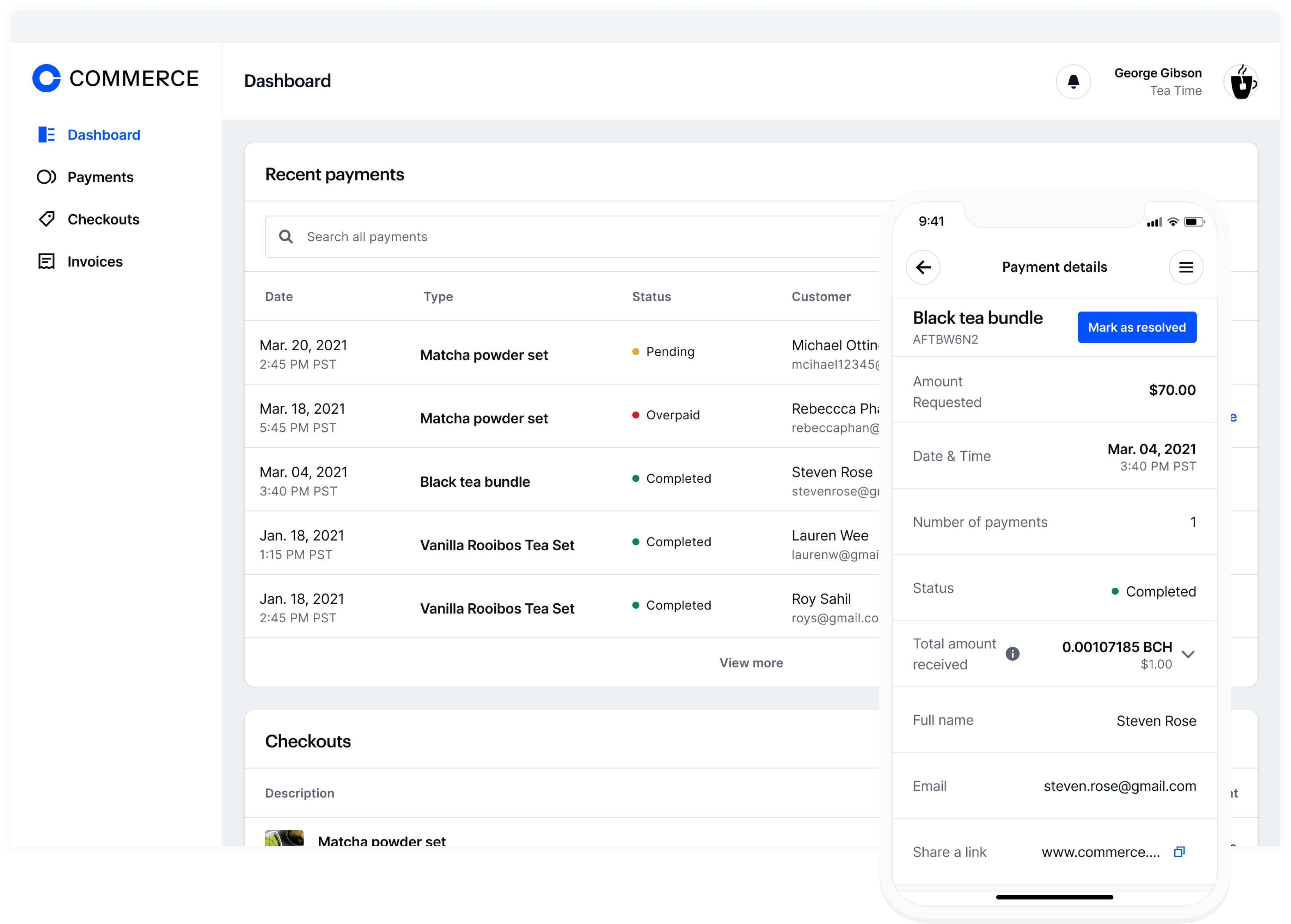 The dashboard of the Coinbase Commerce app