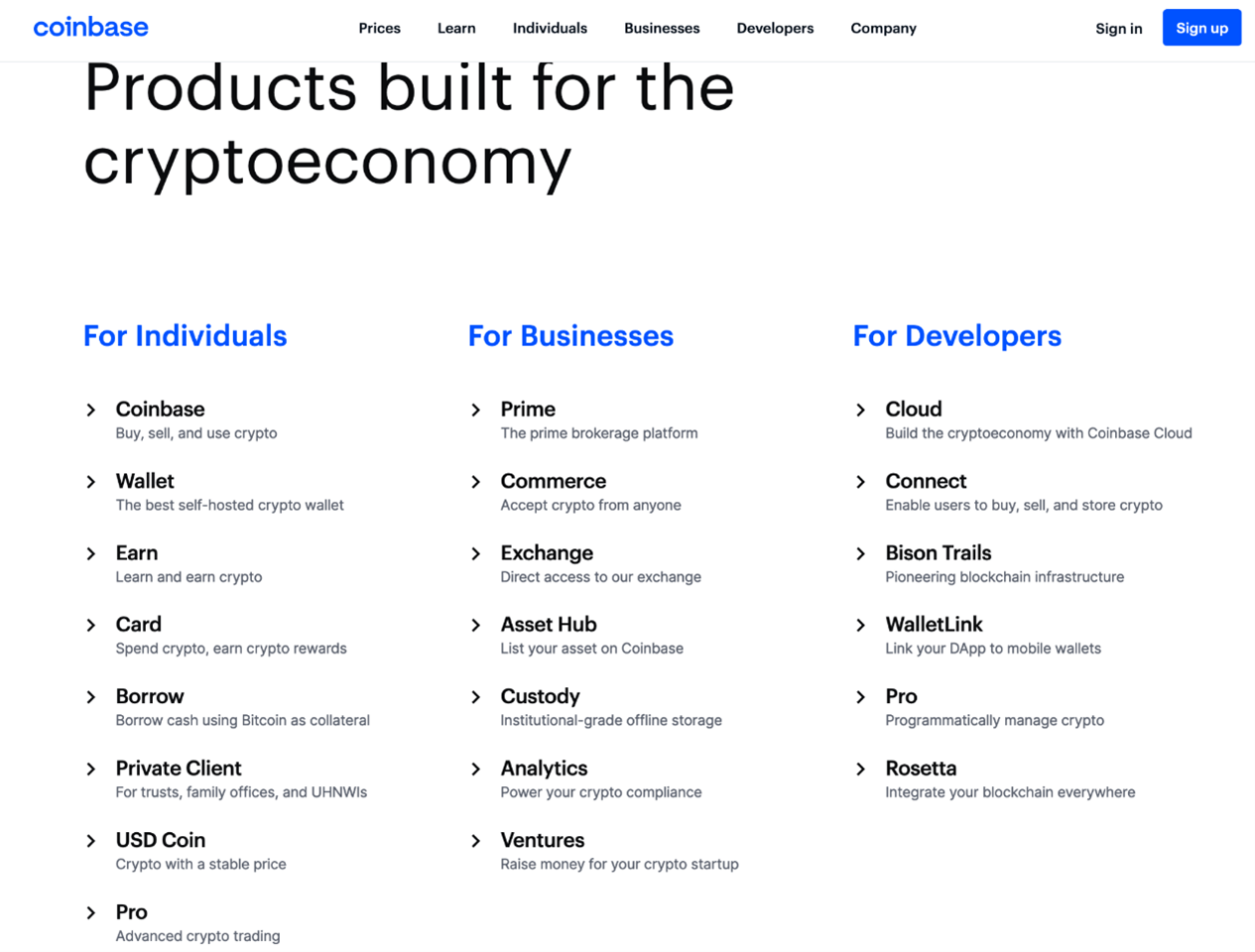 A website interface displaying three types of Coinbase's products