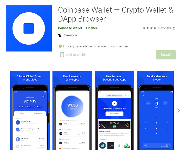A screenshot of Coinbase Wallet’s page in the Google Play Store