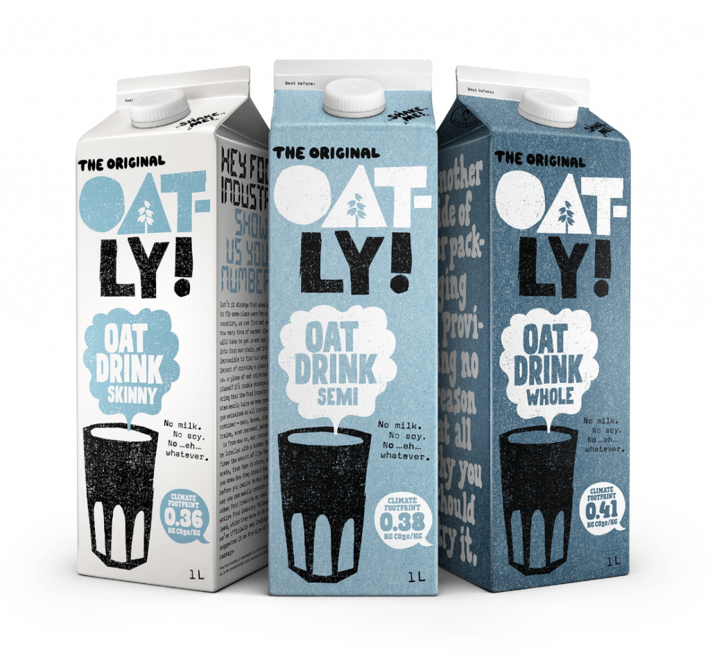 Oatly packaging featuring a climate footprint disclosure in the lower right corner.